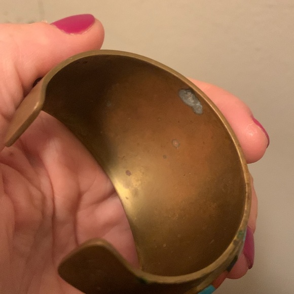 Vintage Zuni inlay ram 🐏 copper cuff, turquoise coral mother of pearl & onyx - Picture 9 of 10